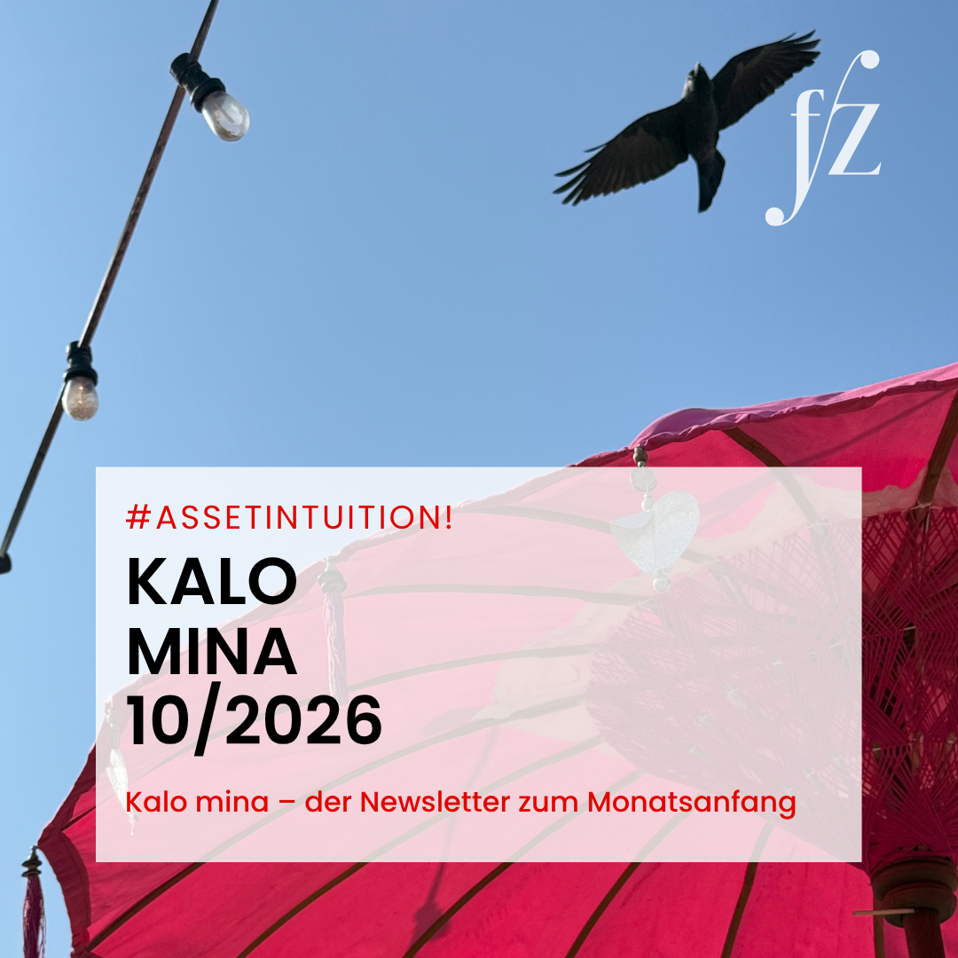 kalo mina – Oktober 2026 Klarheit. Spielraum. Selbstbestimmung. Buntes rotes Schattendach mit Quasten und einer transparenten Herz-Verzierung, dahinter blauer Himmel mit einer fliegenden Krähe und zwei hängenden Glühbirnen an einem Kabel. Textüberlagerung: #AssetIntuition, Kalo mina 10/2026, Kalo mina – der Newsletter zum Monatsanfang.